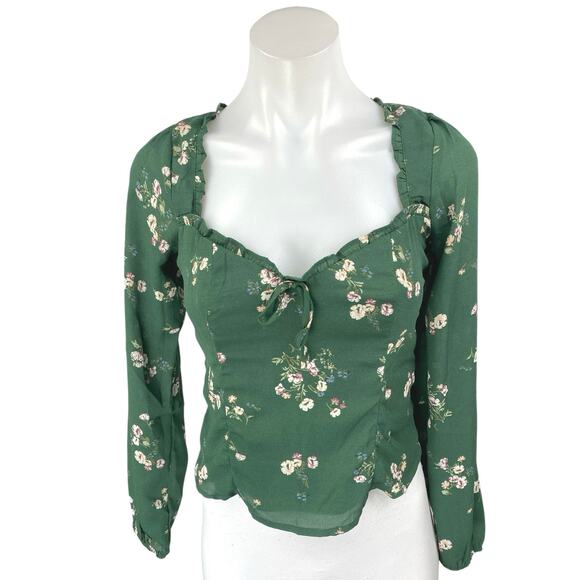 Abercrombie & Fitch Green Floral Long Sleeve Ruffle Tie Blouse Crop Top Size XS - Picture 1 of 4